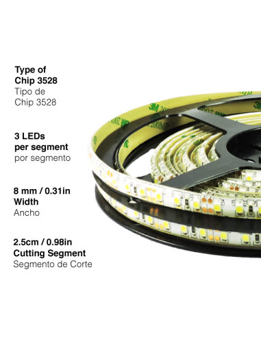 Tira LED SMD3528 IP68, 24V 9.6W/M, 800 Lm/M, 120 LED/M, 5m