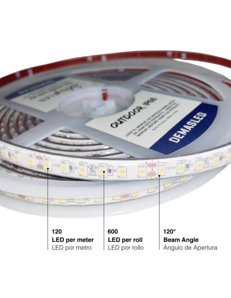 Tira LED SMD3528 IP68, 24V 9.6W/M, 800 Lm/M, 120 LED/M, 5m