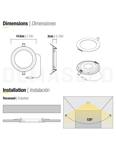 Panel LED redondo blanco de 14.5cm 9W 630lm para empotrar