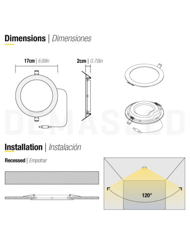 Panel LED redondo blanco de 17cm, 12W 900lm Frío, de empotrar