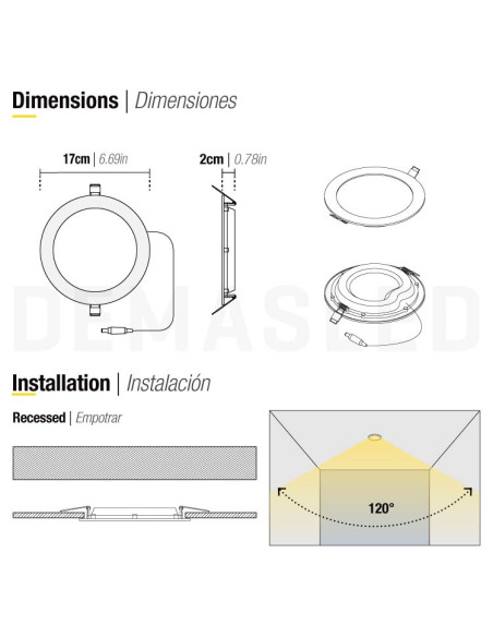 Panel LED redondo blanco de 17cm, 12W 900lm Frío, de empotrar