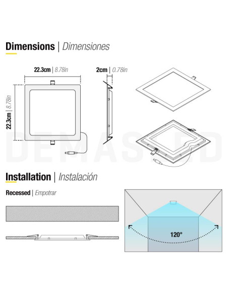 Panel LED cuadrado blanco, 22.3x22.3cm 18W 1440lm, empotrar