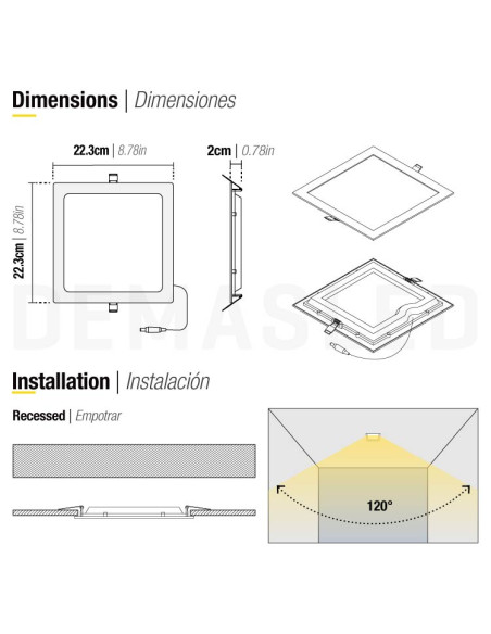 Panel LED cuadrado blanco, 22.3x22.3cm 18W 1440lm, empotrar