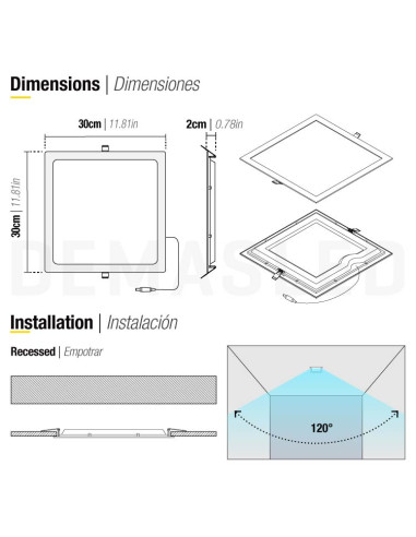 Panel LED cuadrado blanco de 30x30cm, 24W 1920lm, empotrar