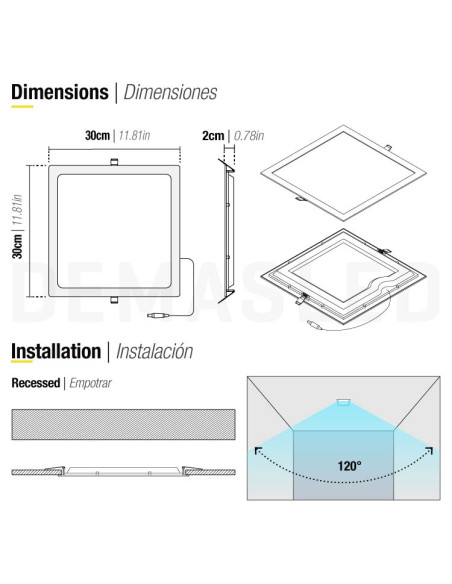 Panel LED cuadrado blanco de 30x30cm, 24W 1920lm, empotrar
