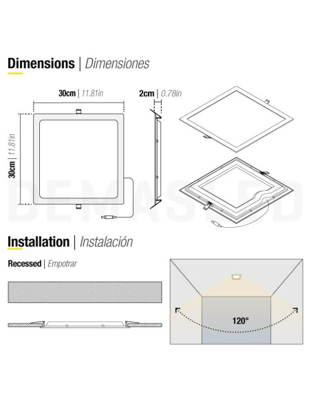 Panel LED cuadrado blanco de 30x30cm, 24W 1920lm, empotrar