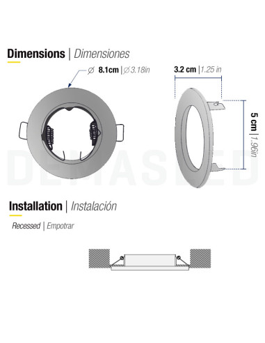 Aro Metálico Fijo 8cm Corte 4.8cm para lámpara GU10 y MR16