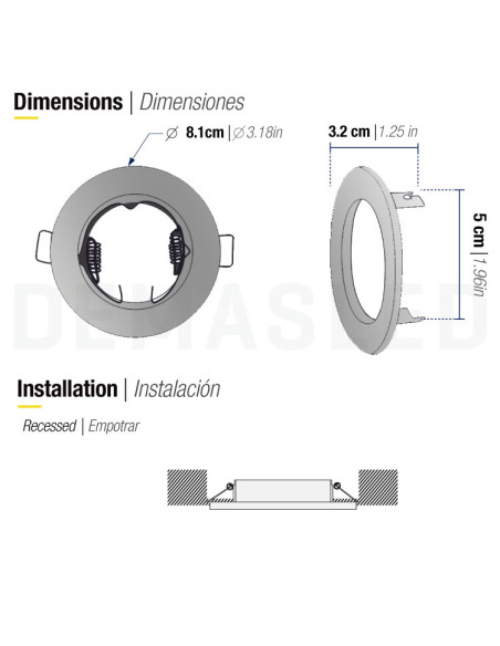 Aro Metálico Fijo 8cm Corte 4.8cm para lámpara GU10 y MR16