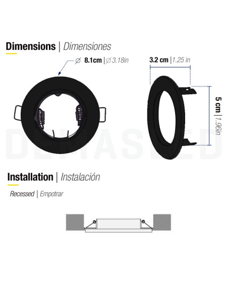 Aro Metálico Fijo 8cm Corte 4.8cm para lámpara GU10 y MR16