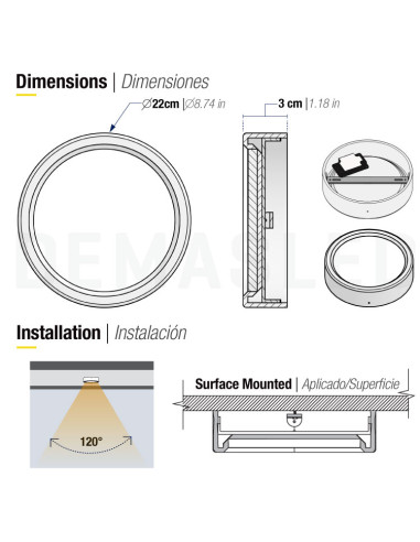 Plafón LED redondo de 22.2cm, 18W 1440lm de aplicar