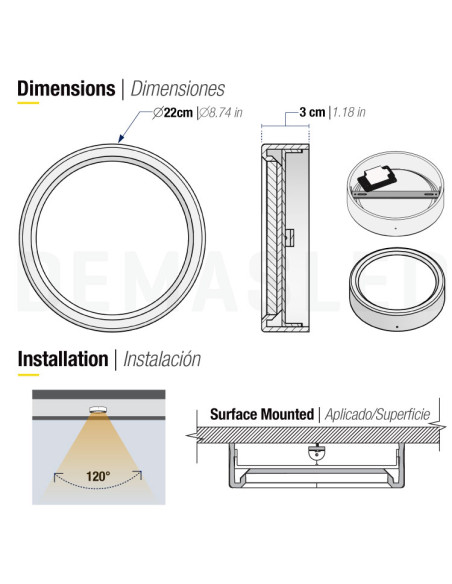 Plafón LED redondo de 22.2cm, 18W 1440lm de aplicar