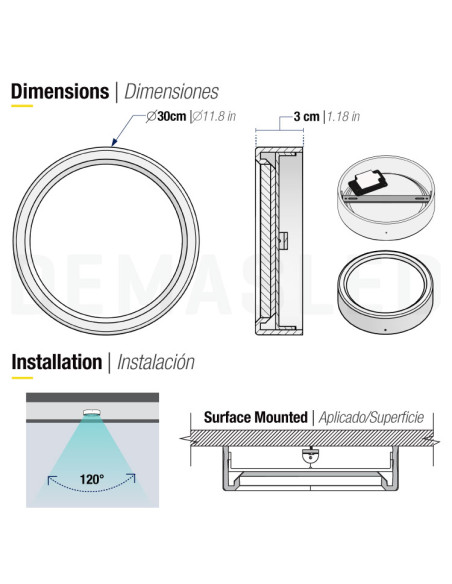 Plafón LED redondo blanco de 30cm, 24W 1920lm, de aplicar