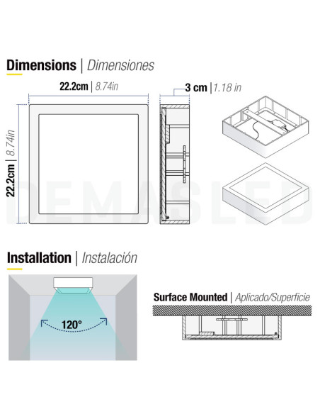 Plafón LED cuadrado de superficie 18W 1440lm 22x22cm 100-240V