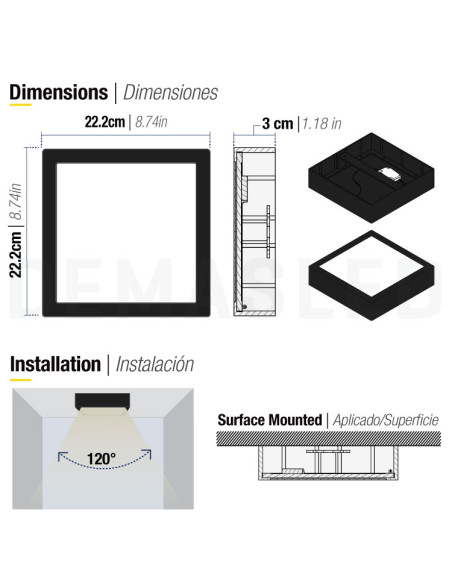 Plafón LED cuadrado de superficie 18W 1440lm 22x22cm 100-240V