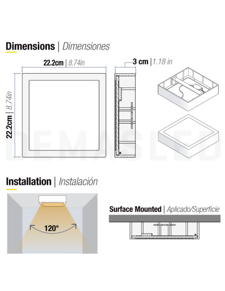 Plafón LED cuadrado de superficie 18W 1440lm 22x22cm 100-240V