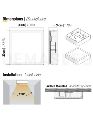Plafón LED cuadrado blanco de 30x30cm, 24W 1920lm, de aplicar