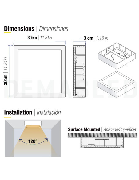 Plafón LED cuadrado blanco de 30x30cm, 24W 1920lm, de aplicar