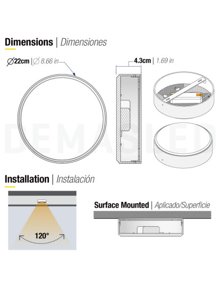 Plafón LED redondo FRAMELESS de 22cm, 42W 3570lm, de aplicar
