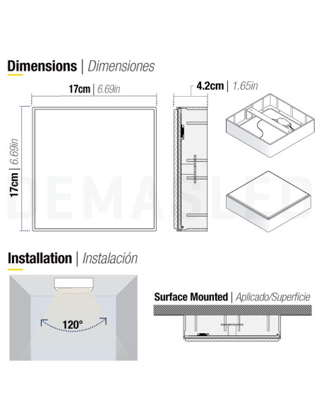 Plafón LED cuadrado FRAMELESS de 17x17cm 22W 1870lm, Aplicar