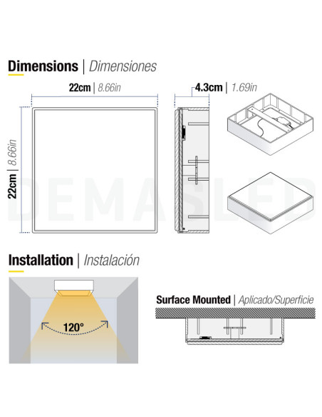 Plafón LED cuadrado FRAMELESS de 22x22cm, 42W 3570lm, Aplicar
