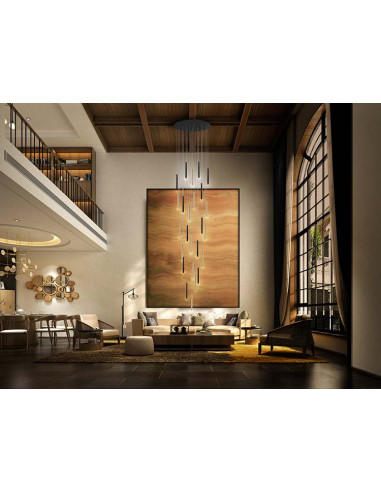 GRAN LÁMPARA VARAS ORO Y NEGRO 25 LUCES DIMABLE