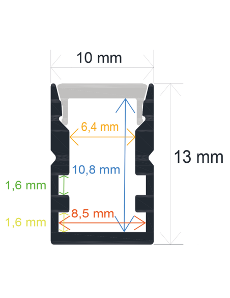 Perfil Fino 10 mm x 13 mm de aluminio anodizado de superficie 2m