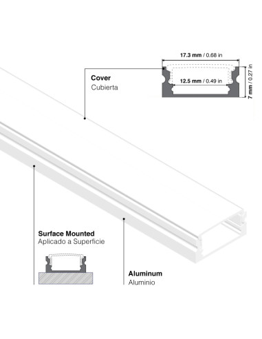 Perfil de Aluminio FLAT Blanco 17,3x7mm,  Cover Opal, 2m
