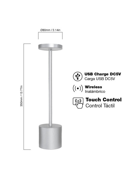 Lámpara de Aluminio Blanco Cálido 3000K 3W Recargable