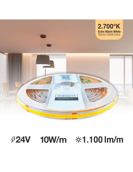 Tira LED COB 24V 10W/m, Blanco superCálido 1100lm/m 480 LEDs/m, 8mm, 5m