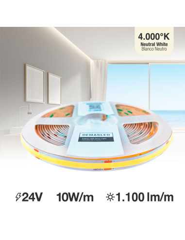 Tira LED COB 24V 10W/m, Blanco superCálido 1100lm/m 480 LEDs/m, 8mm, 5m