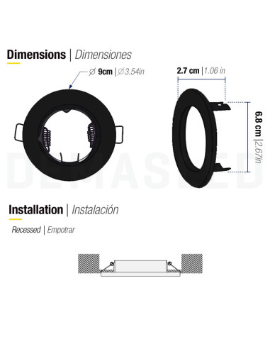 Foco de empotrar 9x9cm Corte 6.5cm para Bombilla GU10 y MR16