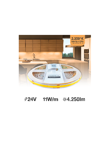 Tira LED COB 24V 10W/m, Blanco superCálido 1100lm/m 480 LEDs/m, 8mm, 5m