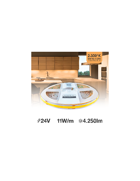 Tira LED COB 24V 10W/m, Blanco superCálido 1100lm/m 480 LEDs/m, 8mm, 5m