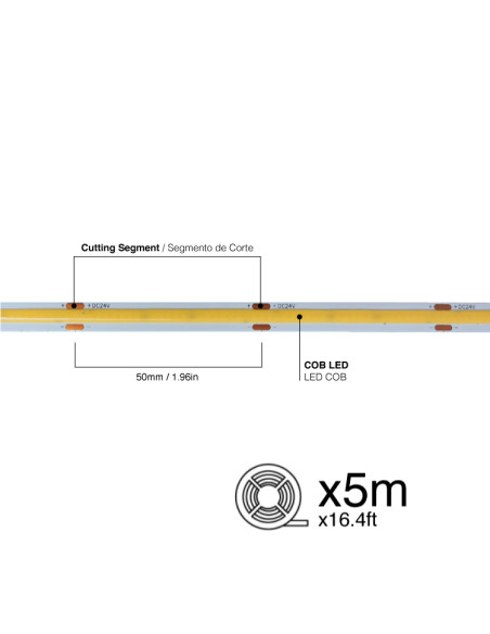 Tira LED COB 24V 11W/m Blanco Neutro 1012lm/m 480LEDs/m 8mm IP65, 5m