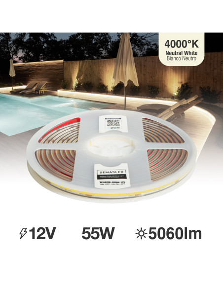 Tira LED COB 12V 11W/m 1012lm/m 480 LEDs/m 8mm IP68, 5m