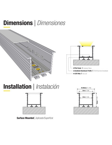 Perfil de Aluminio Linear 35x35mm Anodizado, Cover Opal Blanco x2m