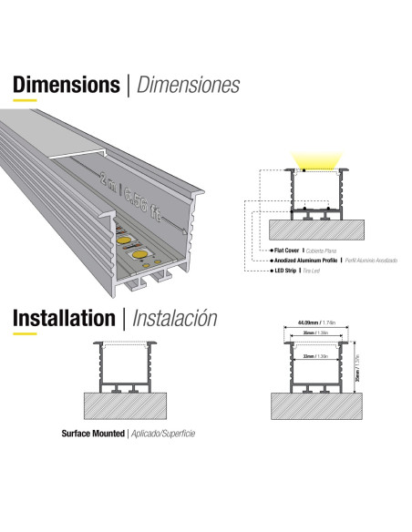Perfil de Aluminio Linear 35x35mm Anodizado, Cover Opal Blanco x2m