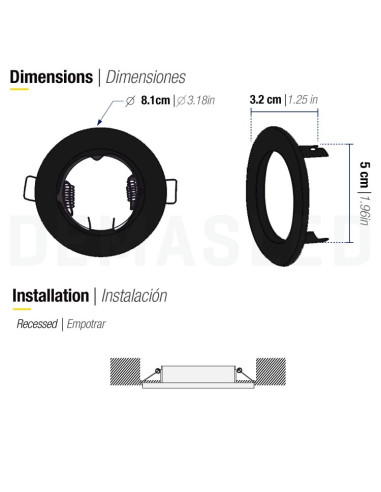 Pack 3 und Aro Foco empotrado Fijo Negro 8cm Lampara GU10 y MR16