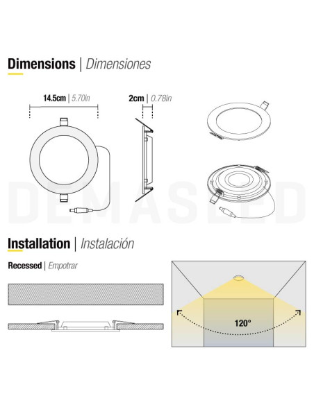 Pack de 3 und Foco LED Downlight Plafon redondo blanco de 14cm, 9W 630lm Cálido, de empotrar