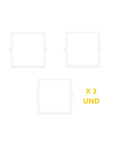 Pack por 3 und Foco LED Downlight Plafón cuadrado blanco 22x22cm 18W 1440lm Cálido, empotrar