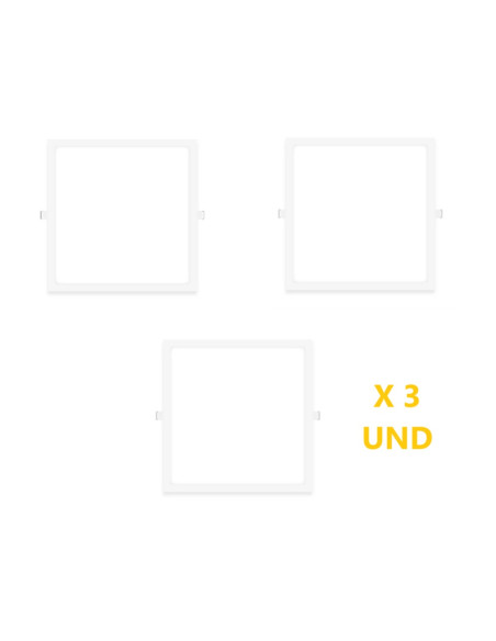 Pack por 3 und Foco LED Downlight Plafón cuadrado blanco 22x22cm 18W 1440lm Cálido, empotrar