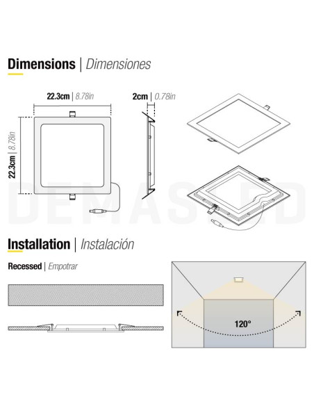 Pack por 3 und Foco LED Downlight Plafón cuadrado blanco 22x22cm 18W 1440lm Cálido, empotrar