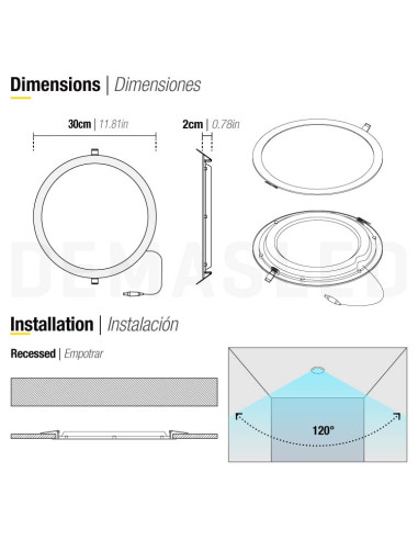 Pack de 2 und Foco LED Downlight Plafon Redondo Blanco de 30cm, 24W 1920lm Cálido, de empotrar