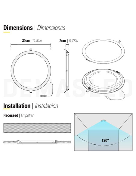 Pack de 2 und Foco LED Downlight Plafon Redondo Blanco de 30cm, 24W 1920lm Cálido, de empotrar