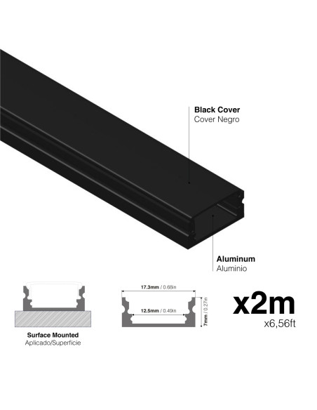 Pack de 6 und de Perfil de aluminio LED FLAT Negro 17x7mm, Black Cover Opal, 1m - Negro