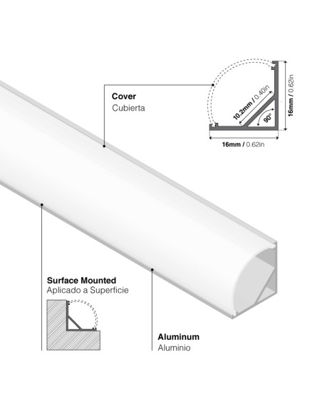 Pack por 4 und Perfil de aluminio LED ESQUINERO 16x16mm Opal 1m