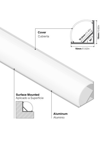Pack por 6 und Perfil de aluminio LED ESQUINERO 16x16mm Opal x1m