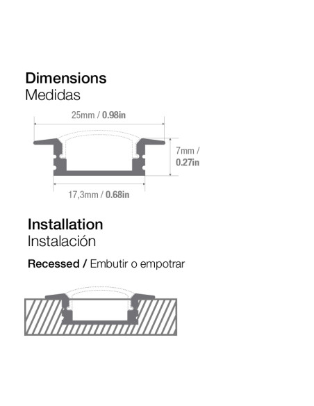 Pack de 4 und de Perfil de aluminio LED de EMBUTIR 17x7mm, Cover Opal, 1m - Aluminio