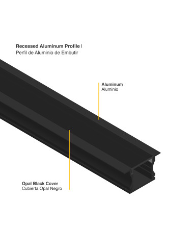 Pack 4 und Perfil de Aluminio de Embutir 15x17mm, Cover Negro Opal x1m - Negro