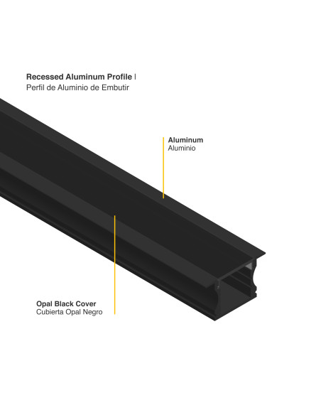 Pack 4 und Perfil de Aluminio de Embutir 15x17mm, Cover Negro Opal x1m - Negro